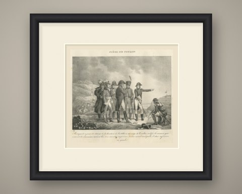 Siege of Toulon, Bonaparte's Artillery, Antique Madou Lithograph, 1827, shown framed