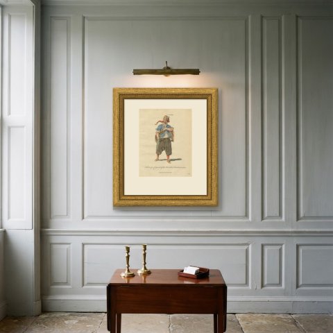Corporal of the Warasdin Pandours in 1742, Hand Colored Jefferys Plate, 1757, shown framed on a wall
