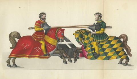 19th-Century Hand-Coloured Lithograph of Jousting Gentlemen in Vibrant Attire, close-up 5