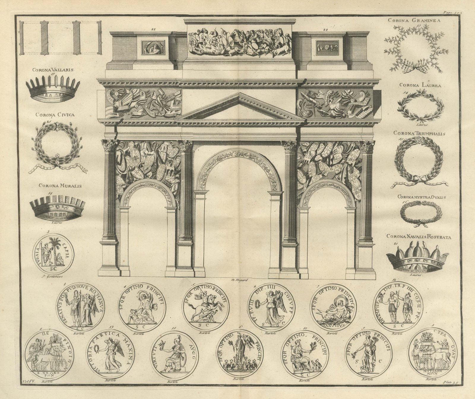 Roman Military Crowns and an Arch of Three Openings, Montfaucon, 1722