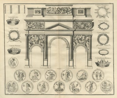 Roman Military Crowns and an Arch of Three Openings, Montfaucon, 1722