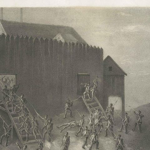 Rare Old Lithograph of the Assault of a Fort in Borneo, Indonesia, ca.1850, close-up 1