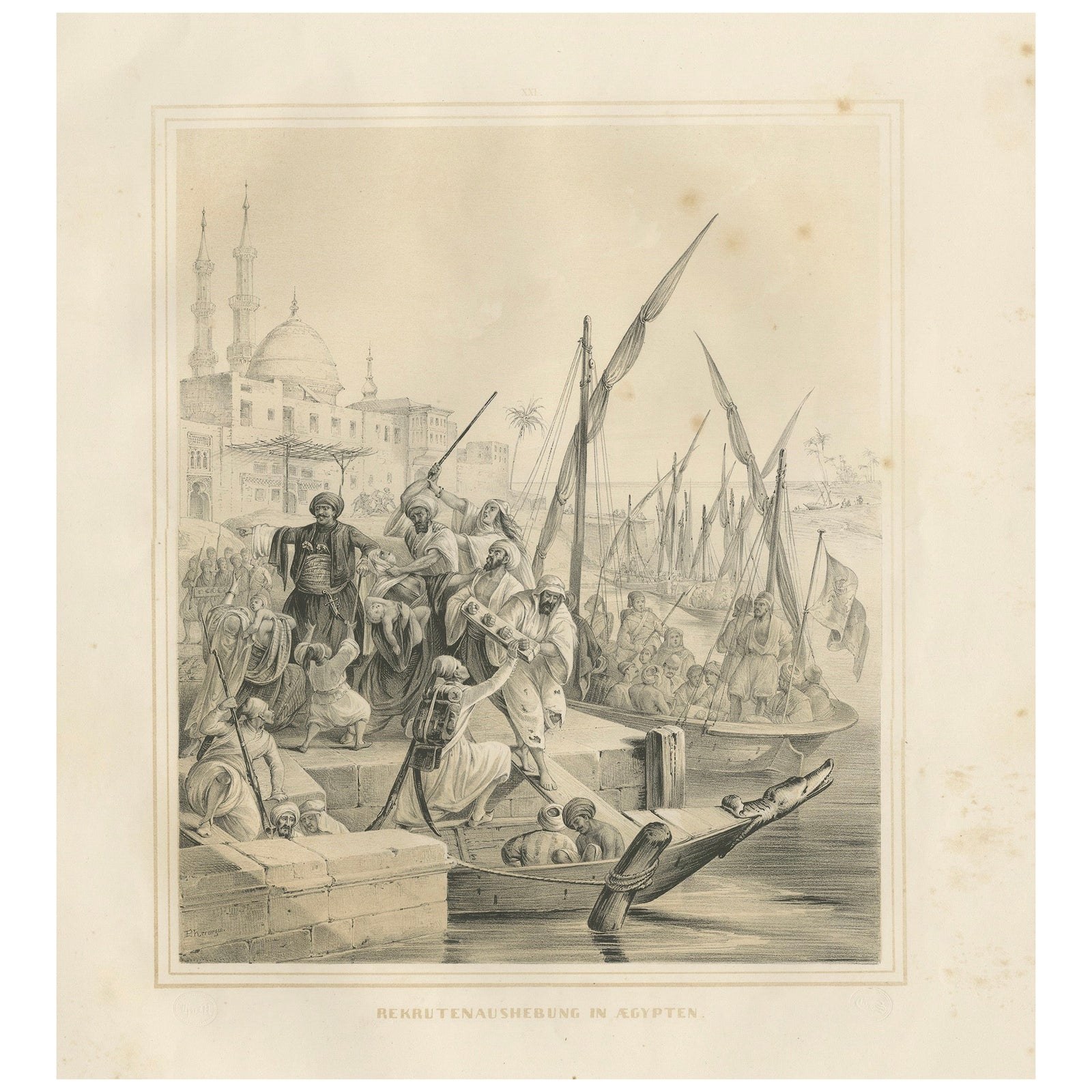 Antique Egyptian Army Recruitment at the Nile Harbor from Maximilian, 1846