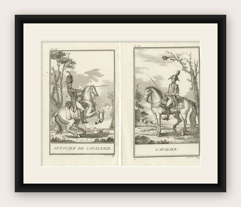 Set of 2 Antique Horse Riding Prints, Cavalry Officer, Cavalry Soldier, shown framed