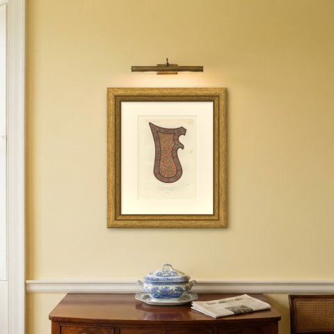 Moorish Spanish Saddle, Royal Armory of Madrid, Antique Print, 1851, shown framed on a wall