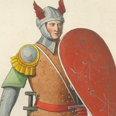 Armored Knight c.1400 with Winged Helmet, Antique Print Published 1845, close-up 3