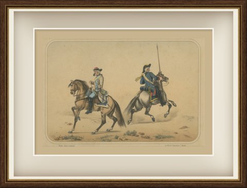 Spanish Cavalry, Two Horsemen in Cocked Hats, One with a Lance, Villegas, 1861, shown framed