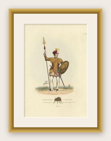 Antique Hand-Colored Print of a Knight in Embossed Armour, (1842), shown framed