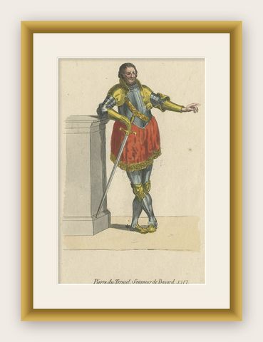 Antique Print of a French Knight Named Pierre Terrail, 1805, shown framed