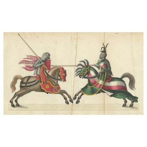 19th-Century Hand-Coloured Lithograph of a Knightly Joust in Bold Red and Green