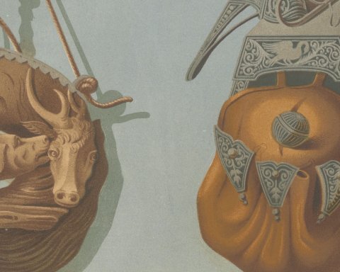 Hunting and War Powder Flasks, Brussels Artillery Museum, Antique Print, 1851, close-up 3