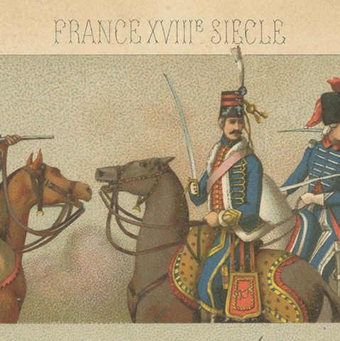 Pl. 129 Antique Print of French 18th Century Military Scenes by Racinet, close-up 1