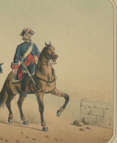 Two Spanish Cavalrymen in Tricorns, Lithograph by Villegas, Madrid, 1861, close-up 2