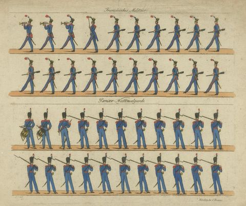 Antique Print of French Infantry Drill, Line Soldiers & National Guard, c.1800, close-up 1