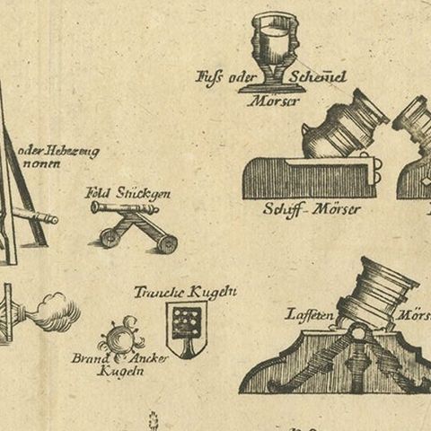 Antique Engravring of Different Artillery like Bullets, Cannons, Bombs, c.1769, close-up 1