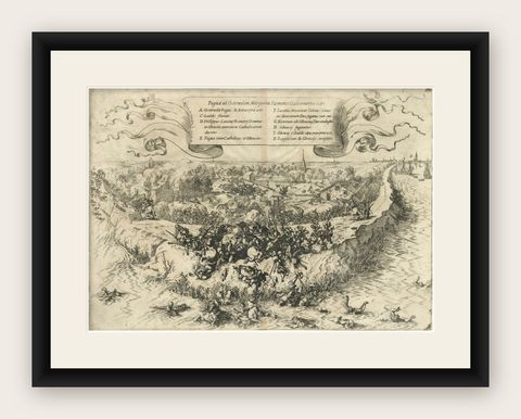 First Sparks of the Eighty Years' War in Oosterweel in 1567, Engraved in 1632, shown framed