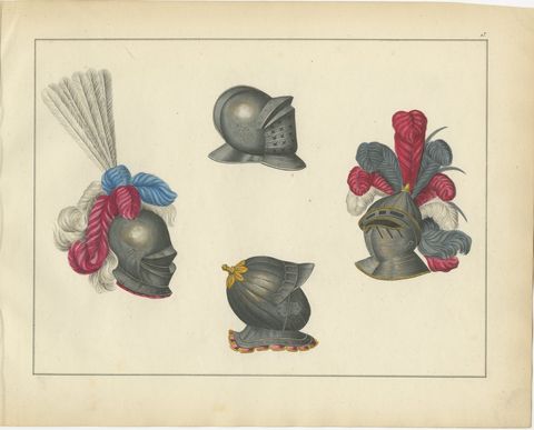 19th-Century Hand-Coloured Lithograph of Ornate Knightly Helmets with Plumes, view 2