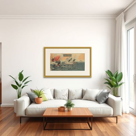 Battle of Port Arthur, Russo-Japanese War Woodblock Triptych, 1904, shown framed in a room