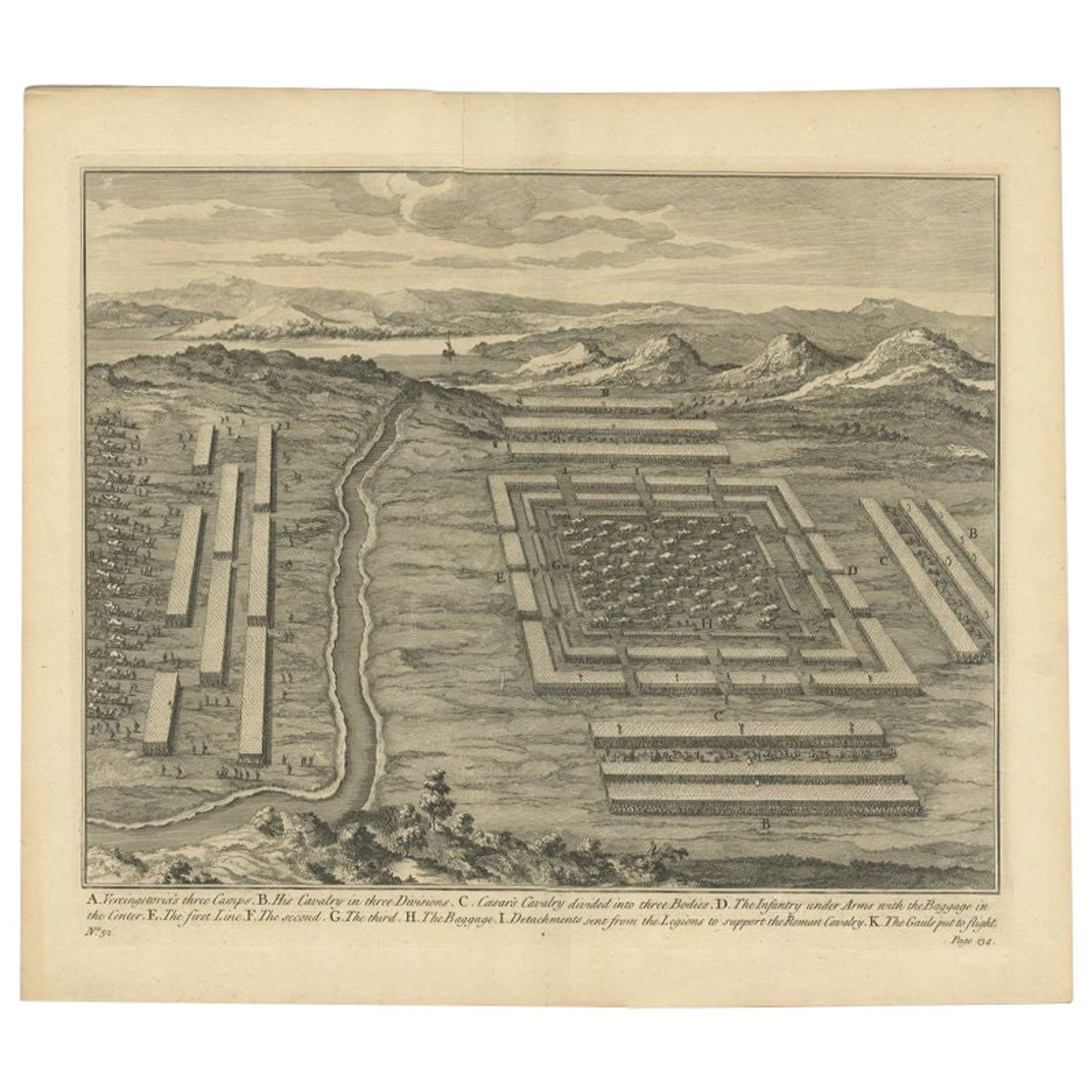 Antique Roman Battle Print of Vercingetorix's Three Camps by Duncan, c.1753