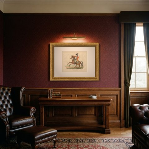 The Duke of Wellington on a Rearing Bay, Saber Raised, 1815, shown framed in a room