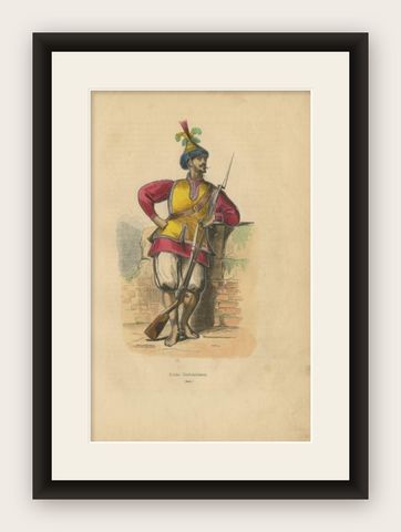 Antique Print of a Soldier of Cochinchina, 1843, shown framed