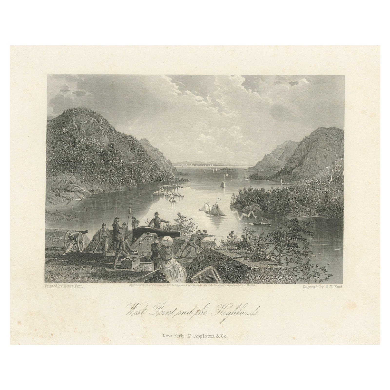 West Point and the Highlands, Hudson River Military View, 1869 Engraving