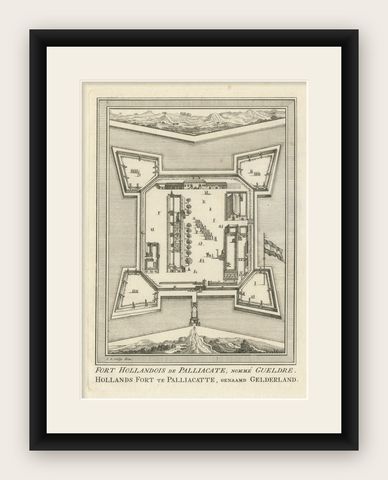 Antique Print of Fort Geldria or Fort Geldaria, located in Pulicat, Tamil Nadu, shown framed