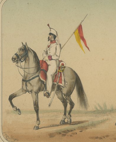 Spanish Cavalry Lancer and Hussar, Lithograph by Villegas, Madrid, 1861, close-up 1