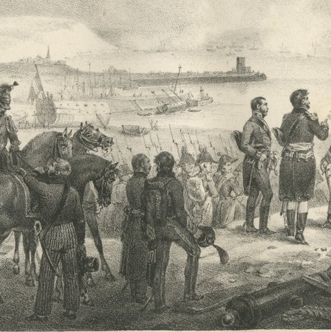 The Camp of Boulogne, the Invasion Flotilla, Antique Madou Lithograph, 1827, close-up 3