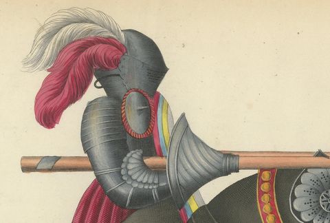 19th-Century Hand-Coloured Knights Jousting in Ornate Black Caparisons, close-up 2