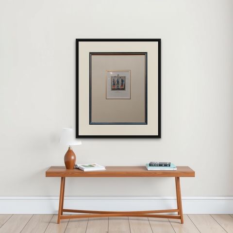 Antique Print of Soldiers of the 11th and 12th Century by Strutt '1842', shown framed on a wall