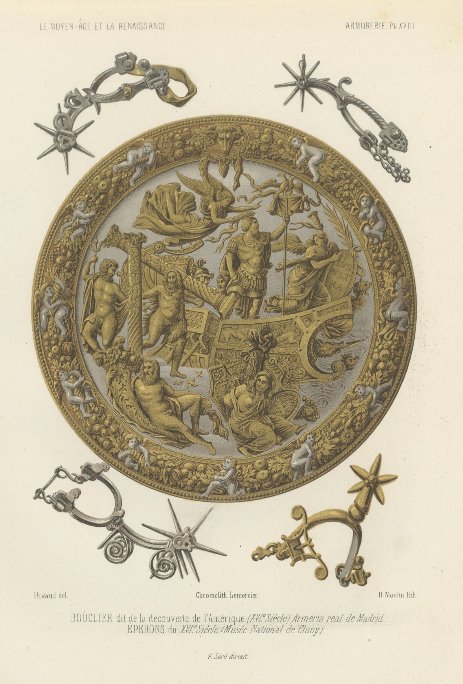 Shield of the Discovery of America, Madrid Armory, Antique Print, 1851