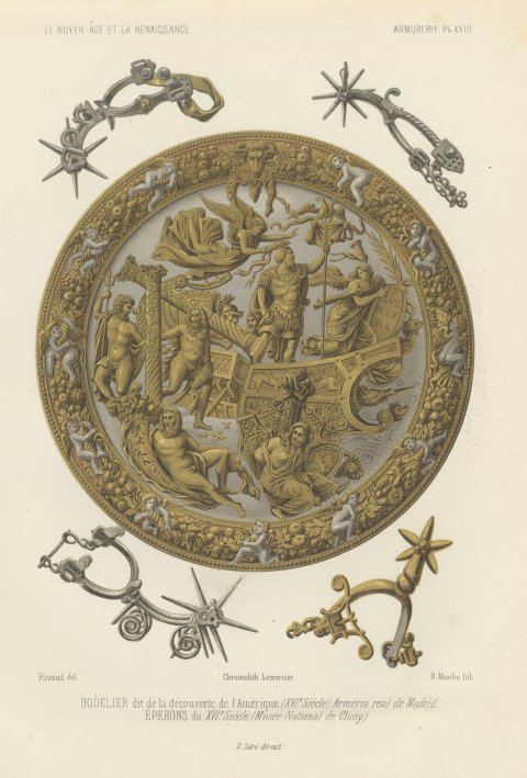 Shield of the Discovery of America, Madrid Armory, Antique Print, 1851