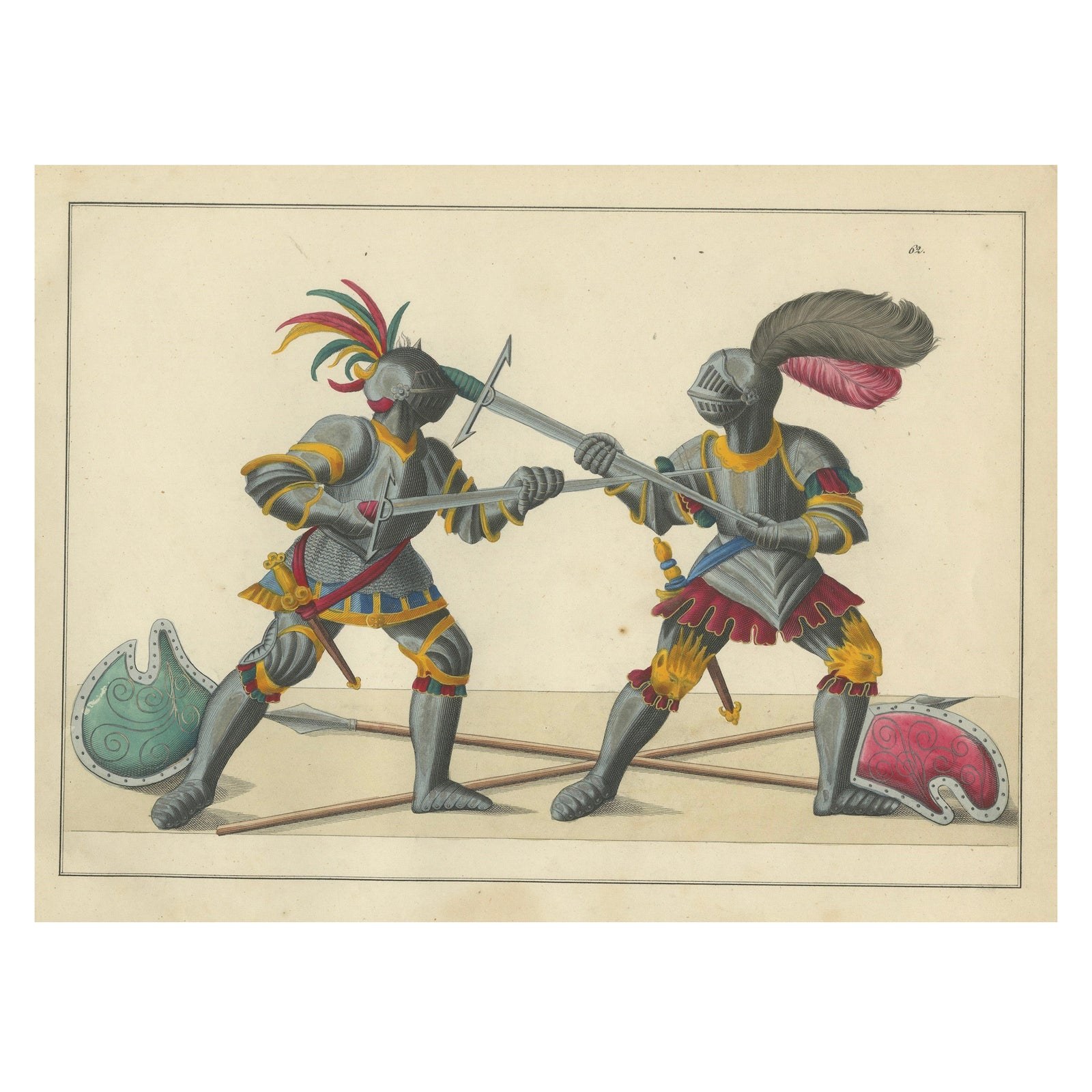 19th-Century Hand-Coloured Lithograph of Armoured Knights in Battle Scene