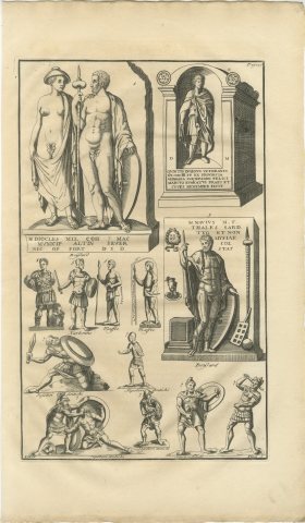Funerary Monuments and Fighting Soldiers, Montfaucon Roman Plate, 1722, view 2