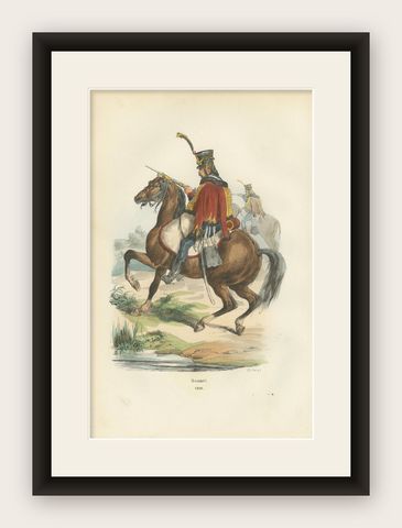 Hussar Cavalryman on Horseback, Napoleonic Military Print. Published in 1843, shown framed