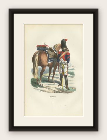 Napoleonic Carabinier 1805, Imperial Guard Heavy Cavalry Print, 1843, shown framed