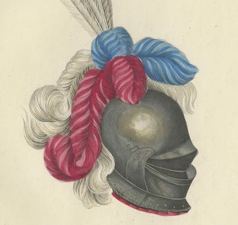 19th-Century Hand-Coloured Lithograph of Ornate Knightly Helmets with Plumes, close-up 2