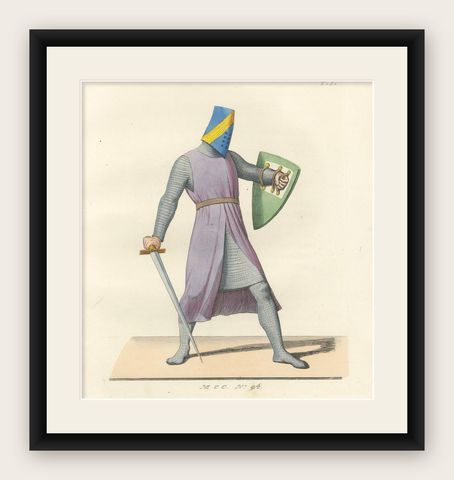 Antique Print 1845, Medieval Knight in Chainmail, Sword and Helmet, shown framed