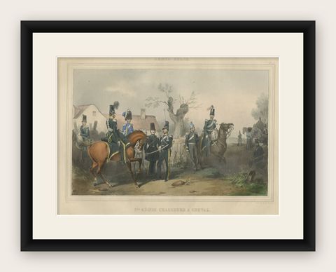 Old Hand-Colored Print of Officers and Horses of the Belgium Army, 1833, shown framed