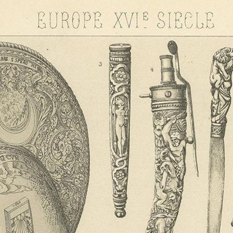 Pl 44 Antique Print of European 16th Century Armor and Weapons by Racinet, close-up 1