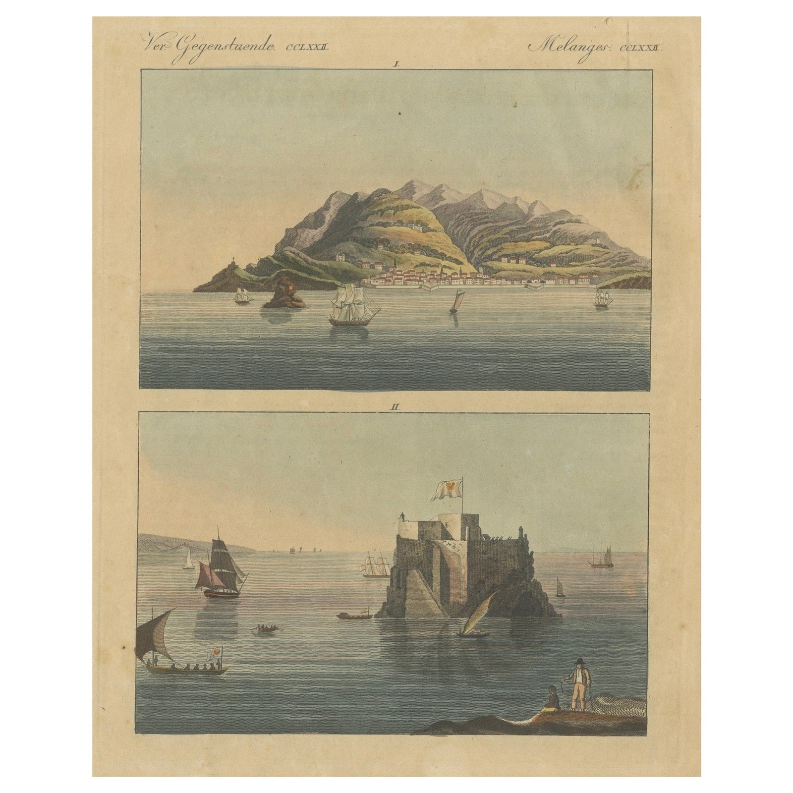 Views of Funchal and Fort Loo, Madeira, Hand-Colored Print from Bertuch, c.1800