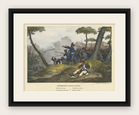 Original Antique Print of Mountain Warfare: The 1834 Alpine Encounter, c.1834, shown framed