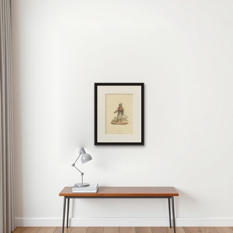Antique Print of Military Chief of Upper Egypt, Hand-Colored Aquatint, 1818, shown framed on a wall
