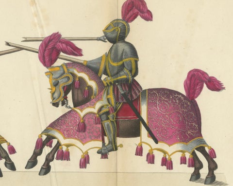 Magnificent Jousting Tournament Print with Handcoloured Knights and Horses, 1842, close-up 3