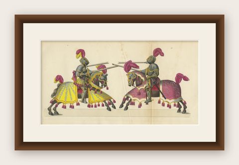 Magnificent Jousting Tournament Print with Handcoloured Knights and Horses, 1842, shown framed