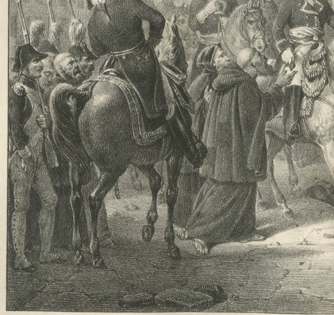 Bologna, the Foreign Monks Expelled, Antique Madou Lithograph, 1827, close-up 1