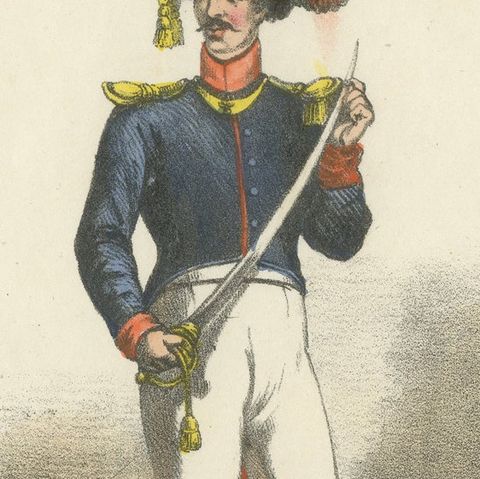 Civic Pride in Uniform: Handcolored Print of a Garde Civique Officer, 1862, close-up 2