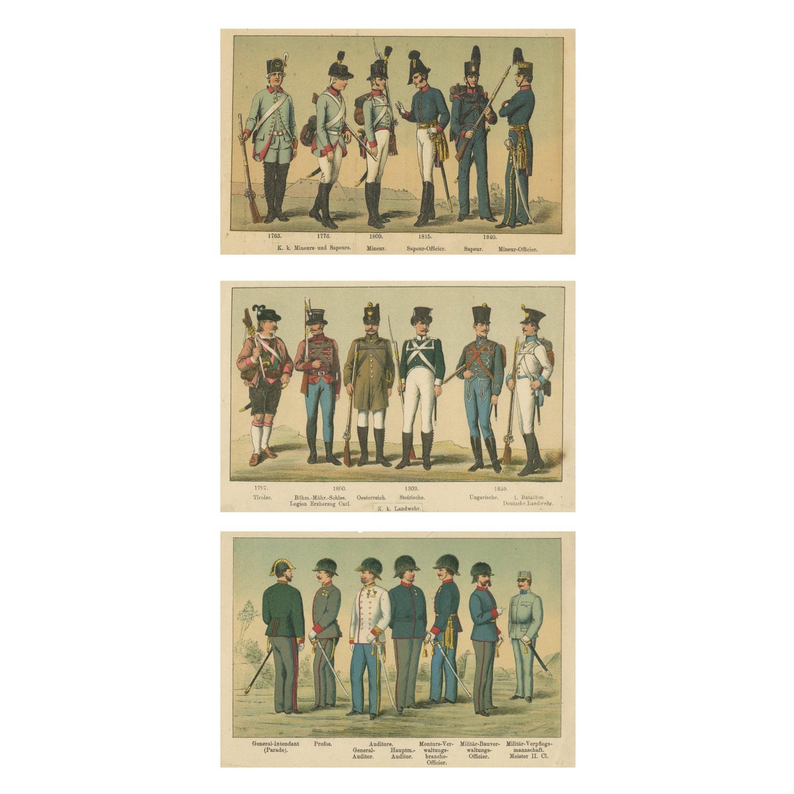 Austrian Military Uniforms Lithograph, Engineers, Landwehr & Staff, c.1890