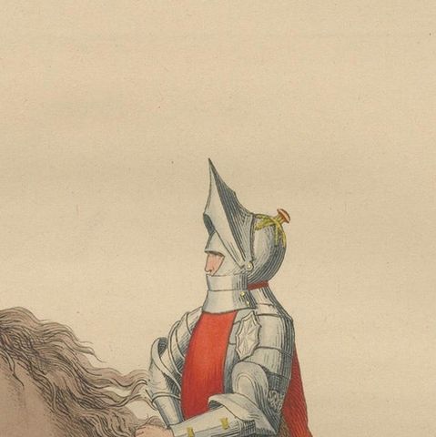 Medieval Knight on Horseback, Elegant Hand-Colored Antique Print, France 1845, close-up 3